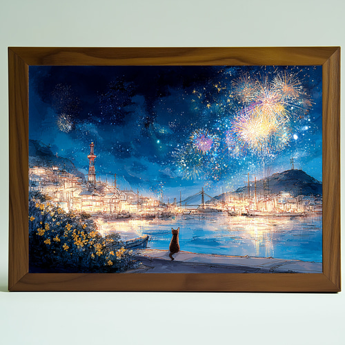 夜空に咲く光の花、美しき尾道の風景画 花火を眺める猫 ねこ アート