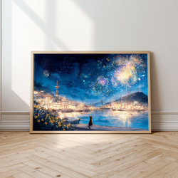 夜空に咲く光の花、美しき尾道の風景画 花火を眺める猫 ねこ アート