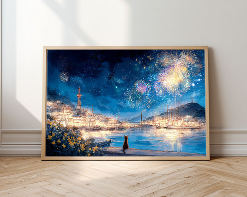 夜空に咲く光の花、美しき尾道の風景画 花火を眺める猫 ねこ アート