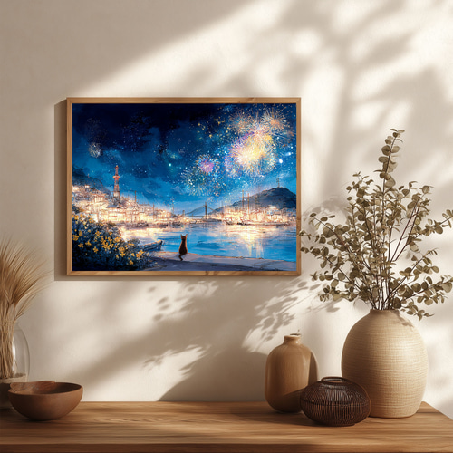 夜空に咲く光の花、美しき尾道の風景画 花火を眺める猫 ねこ アート