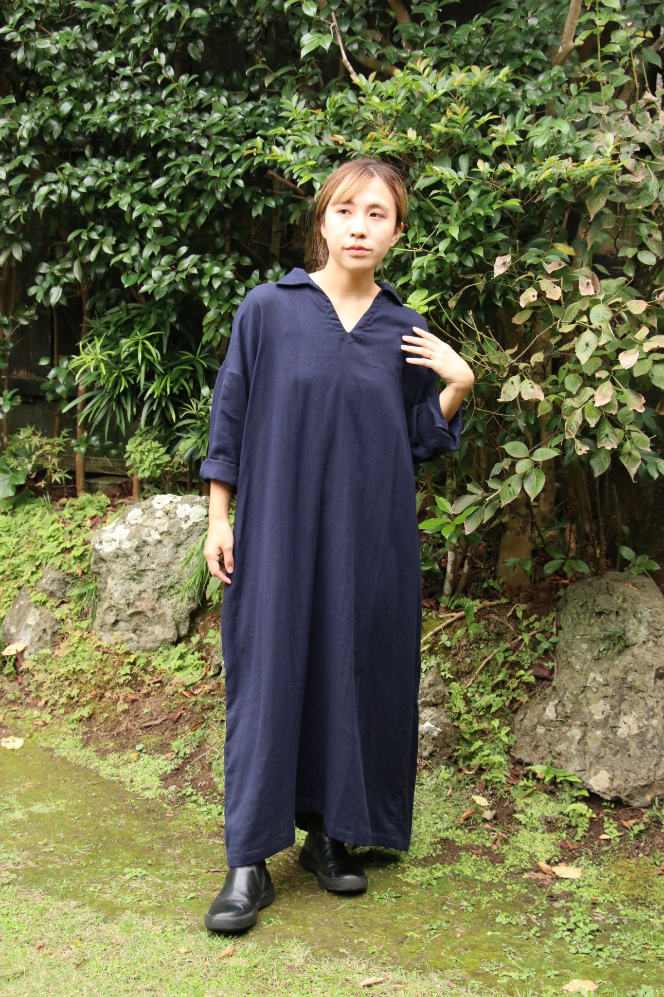Wガーゼのスキッパー ワンピース（紺）（パープル）