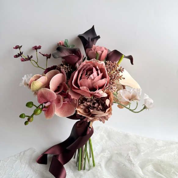 ピーチ　バーガンディ　胡蝶蘭　ウェディングブーケ　アーティフィシャルフラワー造花 ピーチバーガンディ 胡蝶蘭 ウェディングブーケ アーティフィシャル