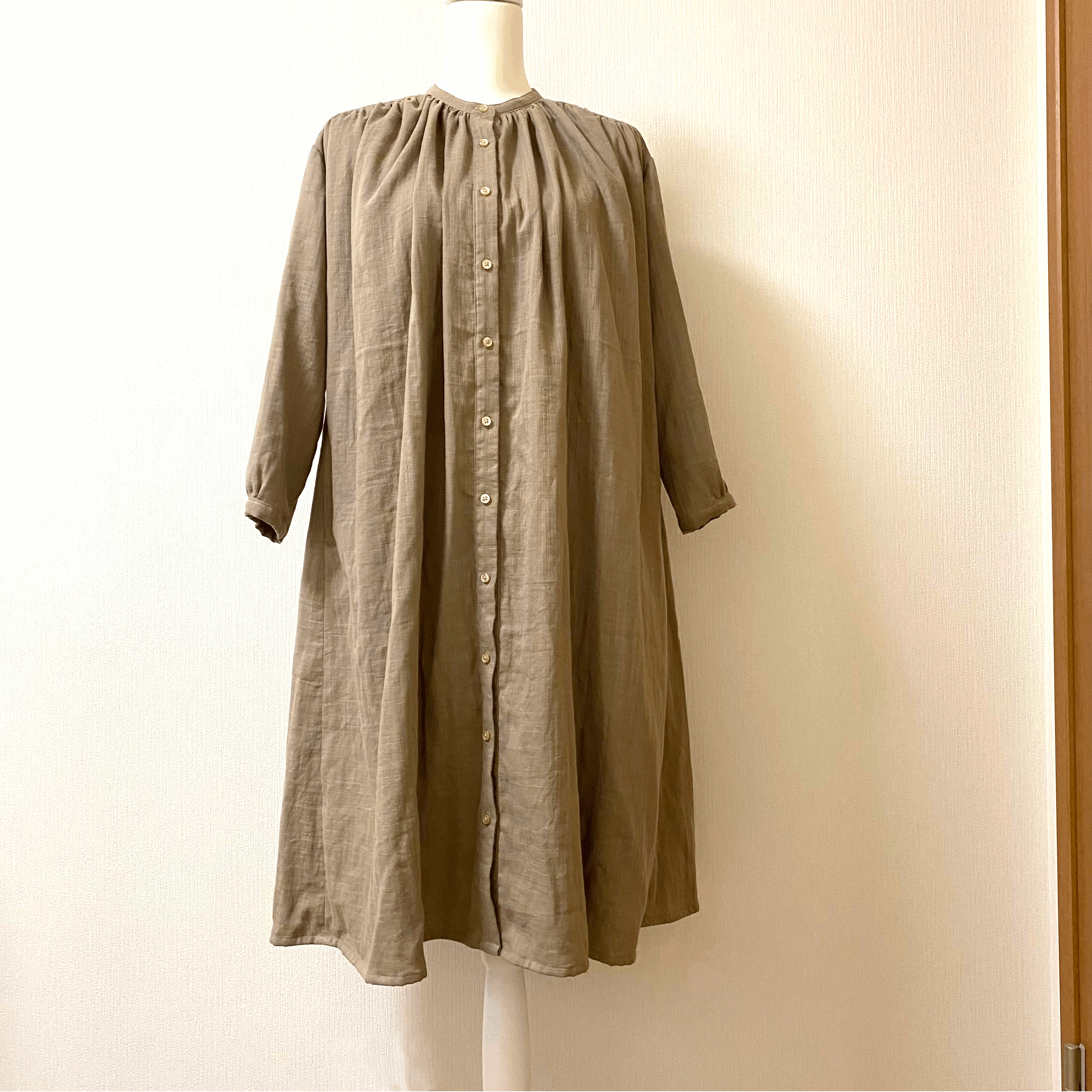 【SALE】＊Sサイズ＊ダブルガーゼのたっぷりギャザーワンピース＊カフェオレ・長袖＊