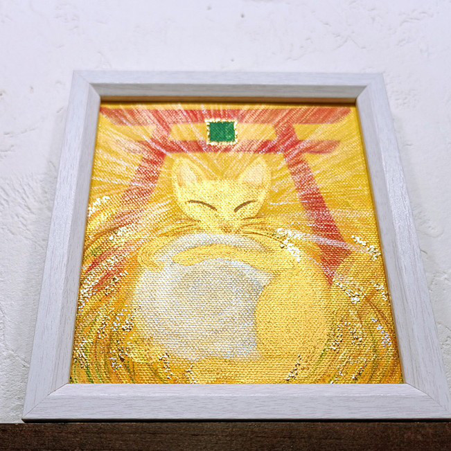 風水吉祥幸せ絵画＊福徳幸広術　金狐と稲穂　鳥居　福　金銭運知恵　直感　守護　吉祥アート 秋景色　お稲荷様