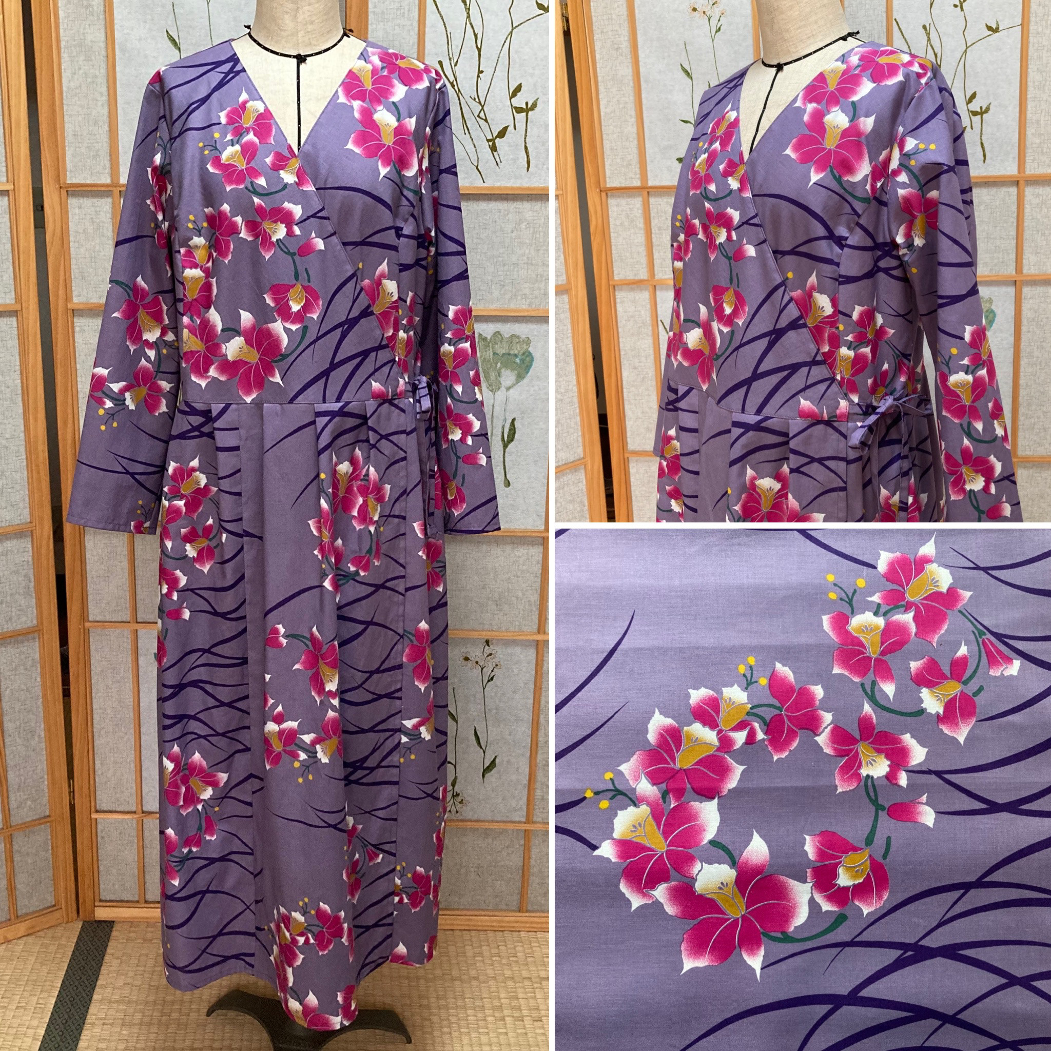 ☆浴衣リメイク☆ カシュクールワンピース (長袖／パープル／カトレア)