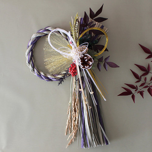 2026しめ縄飾り 新作 迎春 鶴稲穂飾り40cm（若草・紫）【ドライ