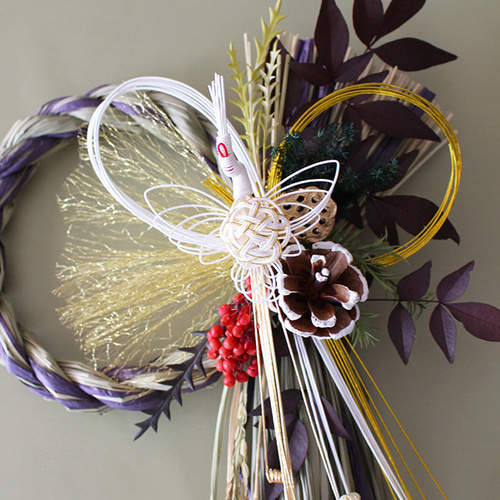 2026しめ縄飾り 新作 迎春 鶴稲穂飾り40cm（若草・紫）【ドライ