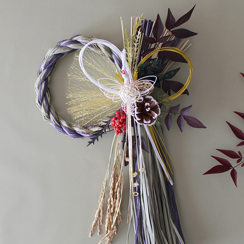 専用✨迎春2022✨正月飾り コットン  (ドライ) 2026しめ縄飾り 新作 迎春 鶴稲穂飾り40cm（若草・紫）【ドライ