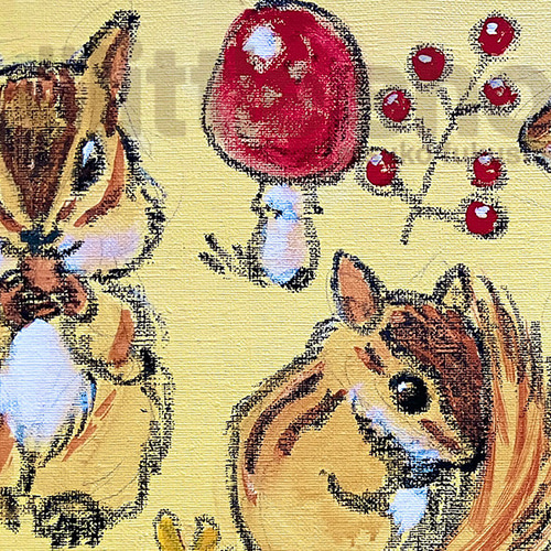 リスのイラスト原画 キャンバスにアクリル絵の具2「リスとキノコが