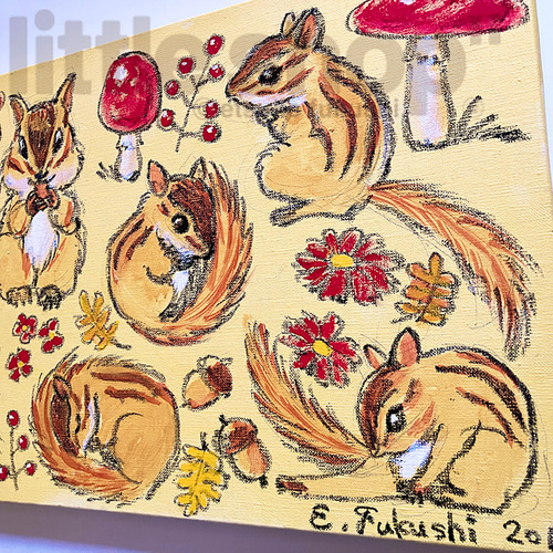 リスのイラスト原画 キャンバスにアクリル絵の具2「リスとキノコが