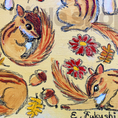 リスのイラスト原画 キャンバスにアクリル絵の具2「リスとキノコが