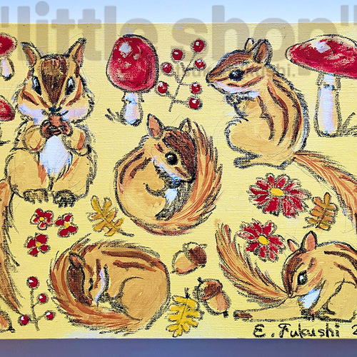 リスのイラスト原画 キャンバスにアクリル絵の具2「リスとキノコが