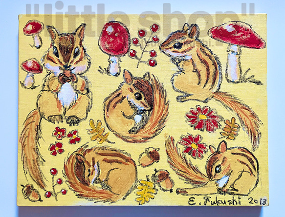 リスのイラスト原画 キャンバスにアクリル絵の具2「リスとキノコが