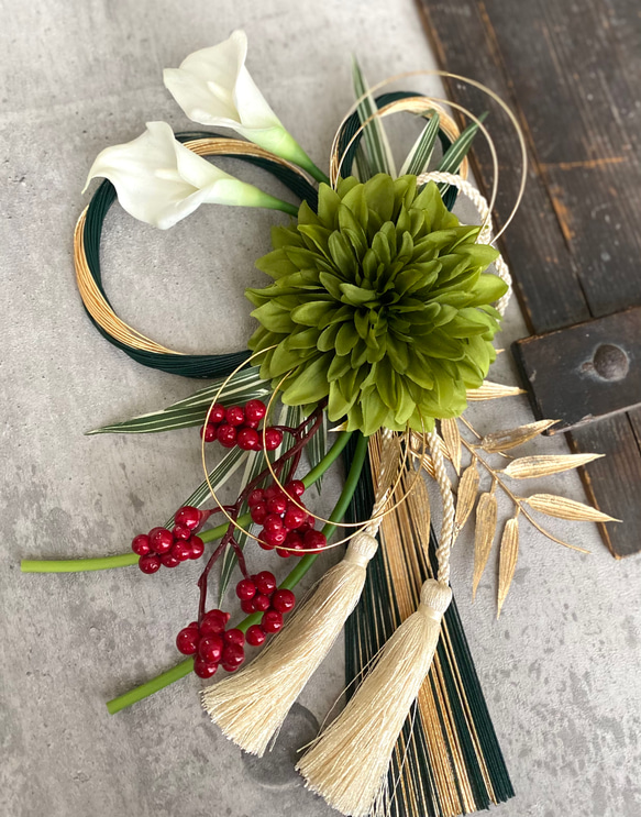 2026新作☆和モダンお正月飾り　金緑水引　ダリア緑♪ 2枚目の画像