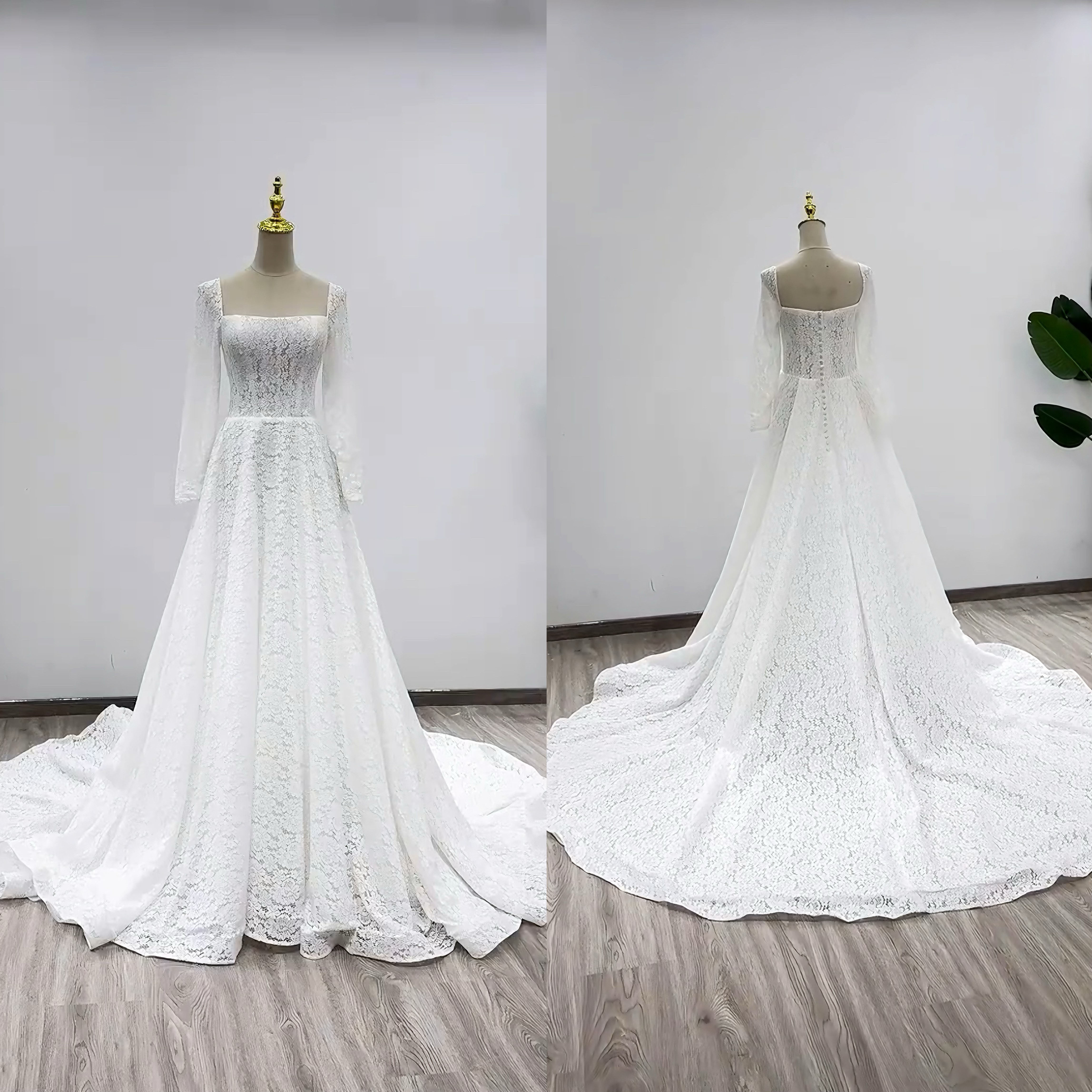 春秋ベストセラー　長袖　スクエアネック　Aライン優雅くるみボタン総レース痩せて見える　パーディードレス演奏会音楽会発表会