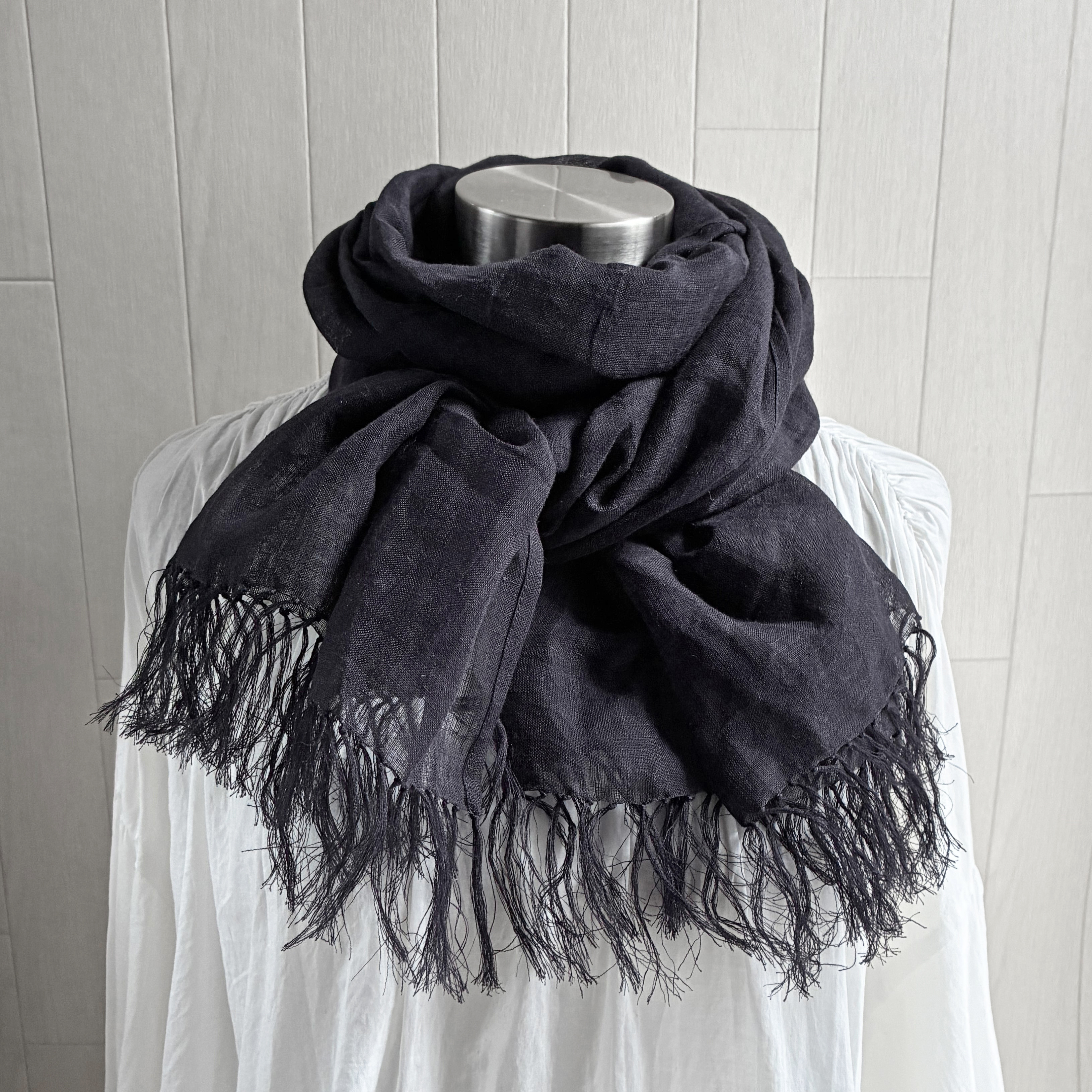 165 短め 大人リネンのストール　ナス紺（紫紺）