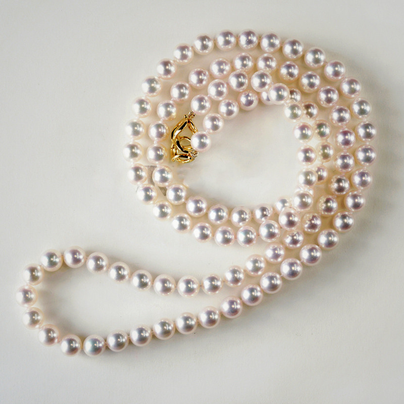 ルミナ 6-7.5mm 日本製アコヤ天然海水真珠ネックレス、絶妙なバックルデザインのビーズセーターチェーン、万能なスタイル、エレ