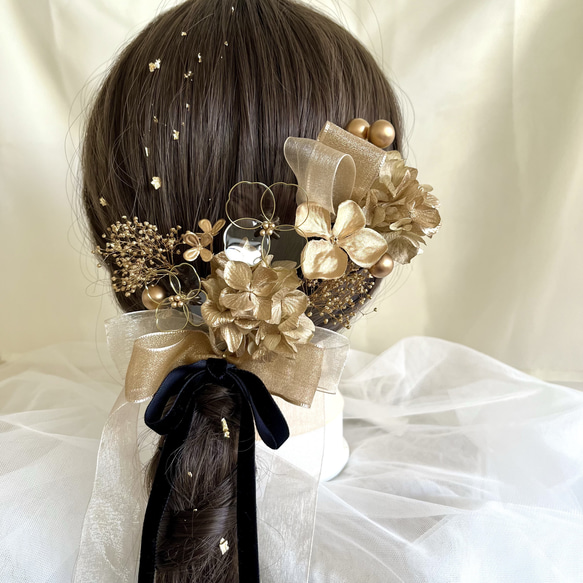 3種リボン×アメリカンフラワー＊髪飾り＊ゴールド×クリア 成人式 卒業式 結婚式 前撮り 1枚目の画像