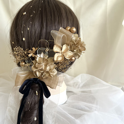 3種リボン×アメリカンフラワー＊髪飾り＊ゴールド×クリア 成人式 卒業式 結婚式 前撮り 4枚目の画像
