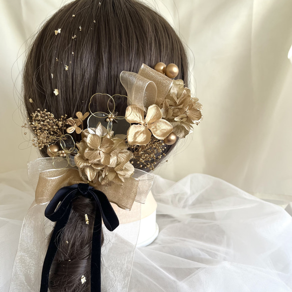 3種リボン×アメリカンフラワー＊髪飾り＊ゴールド×クリア 成人式 卒業式 結婚式 前撮り 4枚目の画像