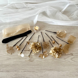 3種リボン×アメリカンフラワー＊髪飾り＊ゴールド×クリア 成人式 卒業式 結婚式 前撮り 6枚目の画像