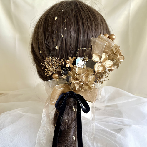 3種リボン×アメリカンフラワー＊髪飾り＊ゴールド×クリア 成人式 卒業