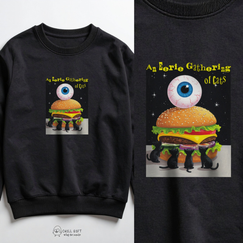 【トレーナー】猫の怪しい集会~超巨大チーズハンバーガーと目玉~　スウェット　プルオーバー　パーカー　メンズ　プチギフト