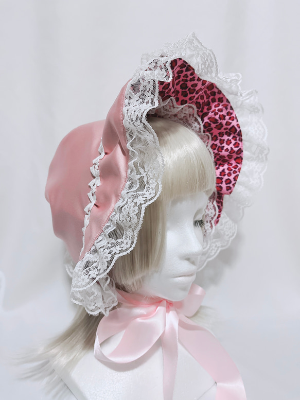 リバーシブル ボンネット ヒョウ柄 ピンク ロリィタ 帽子 ギャル