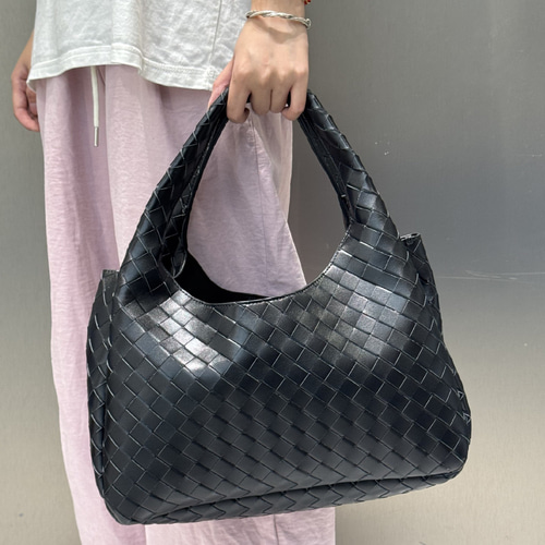 本革 編み込みショルダーバッグ レディース レザーバッグ ブラック 大