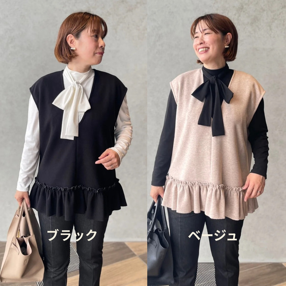 体型カバー洒落見え♡2枚仕立てあったかフリルニットジレ♡毛玉少ない 黒【フリー】フォーマル KMC-772 605163 2枚目の画像