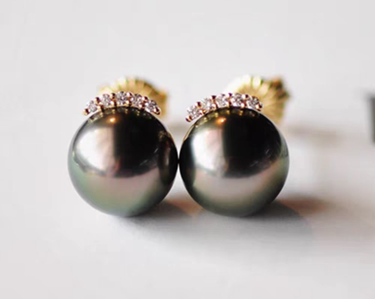 【ルミナ】8～10mm天然タヒチ黒蝶真珠イヤリング、18Kゴールド、ダイヤモンド付き、まつ毛カーリングシリーズ、完璧なラウンド、