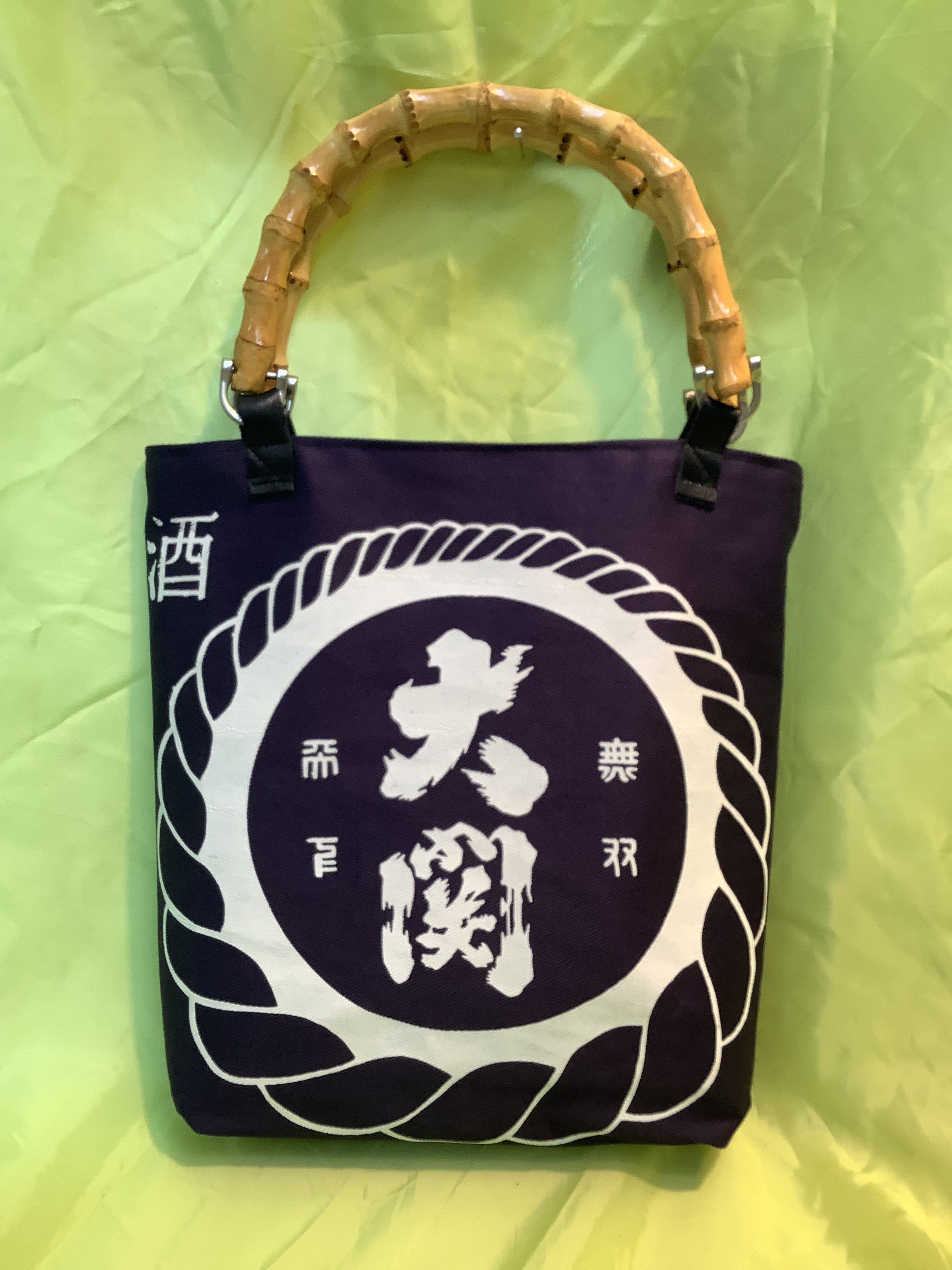 竹手、帆布で作ったリバーシブルトートバッグ