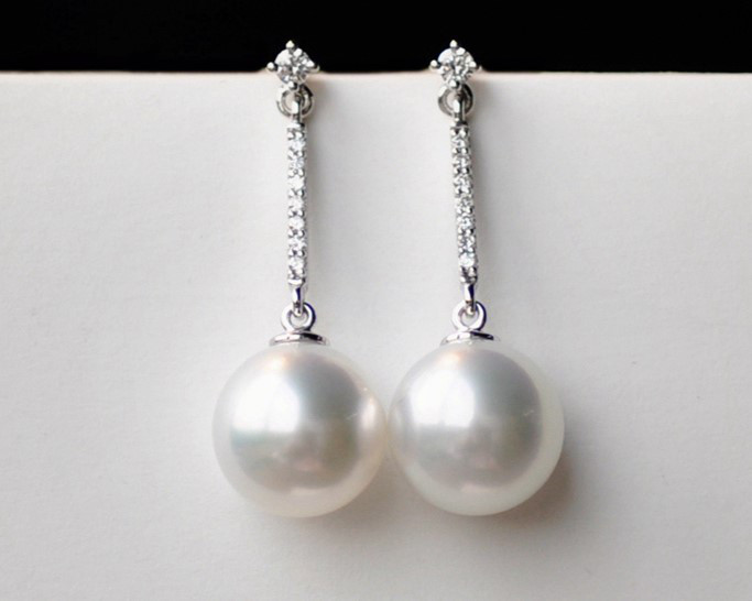 【ルミナ】11-12mm 南洋オーストラリア産ホワイトパールイヤリング 18Kゴールド ダイヤモンド付き ロングドロップイヤリン