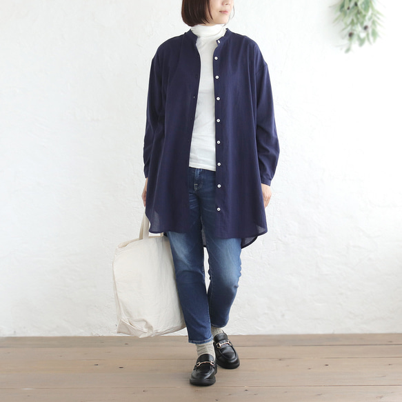 とろけるような肌ざわり 秋のはじまりに✦ 東炊きコットン チュニック丈ロングシャツ（ネイビー）TP09 6枚目の画像