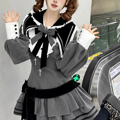 【うさ♡】ゴスロリ ロリータドレス Ｍサイズ ロリータ/オリジナル/ウサギ/大きな耳/ストライプ/ローウエスト