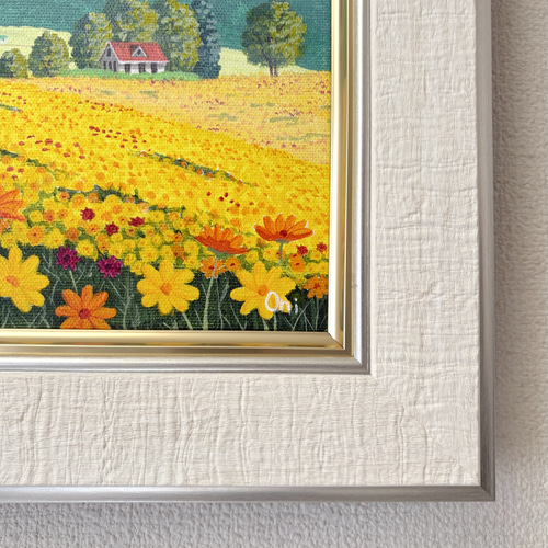 アクリル画　原画　「コスモスのフィールド04」額縁付　F3サイズ　風景画 アクリル画原画「コスモスのフィールド04」額縁付F3サイズ風景画