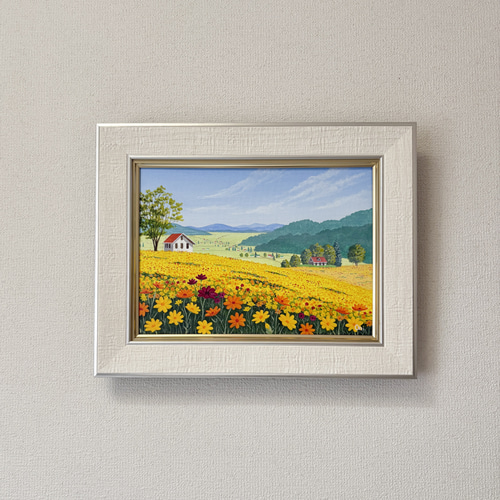 アクリル画　原画　「キバナコスモスのフィールド06」額縁付　F4サイズ　風景画 アクリル画 原画 「キバナコスモスのフィールド06」額縁付 F4