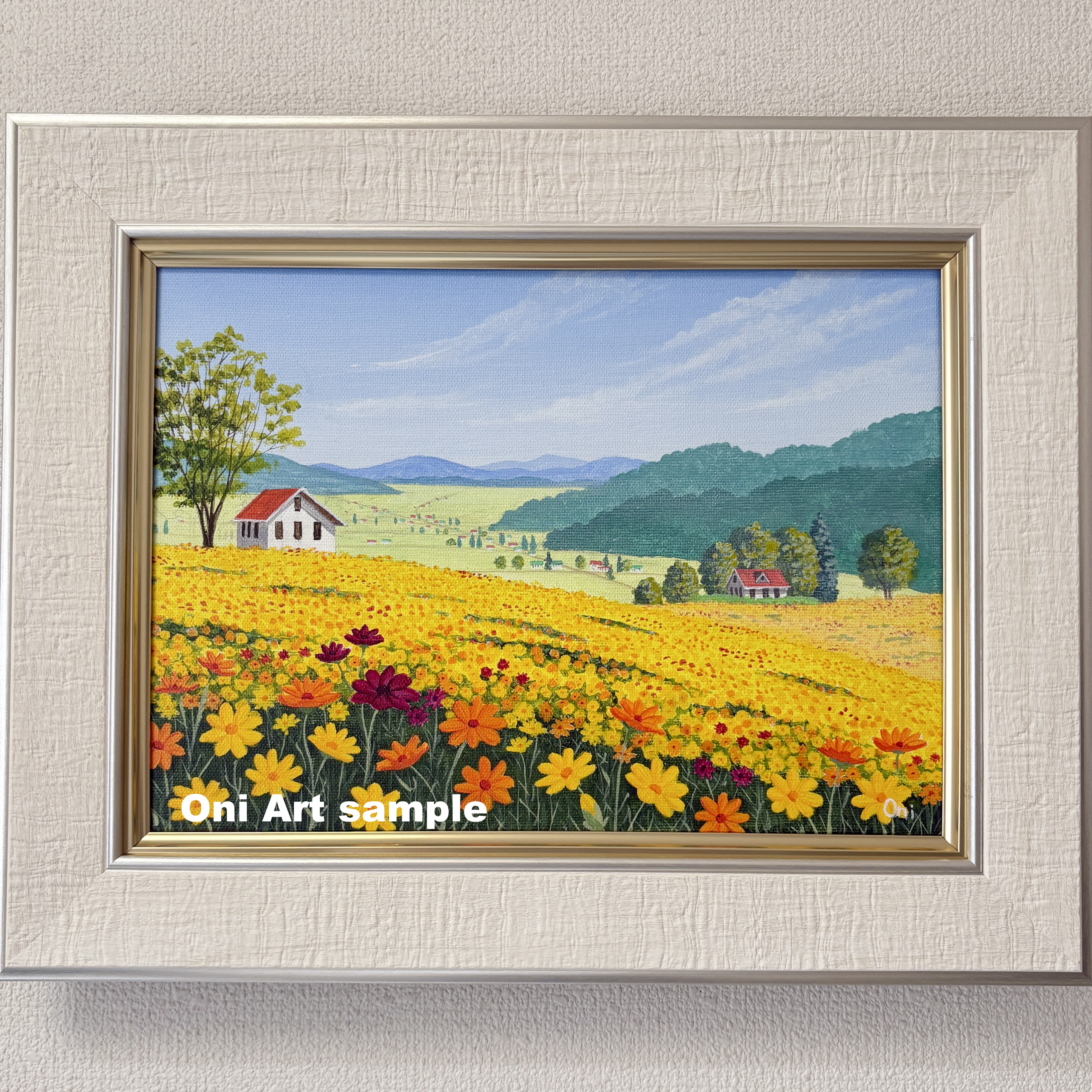 透明水彩画　原画　「キバナコスモスのフィールド02」額縁付　F4サイズ