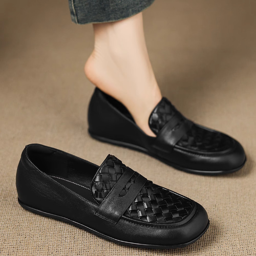 2.0cmヒール☆》編み込み ローファー レディース 平底 スリッポン 秋