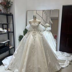 韓国風キラキラウエディングドレス 長袖 ロングトレーン サテンドレス