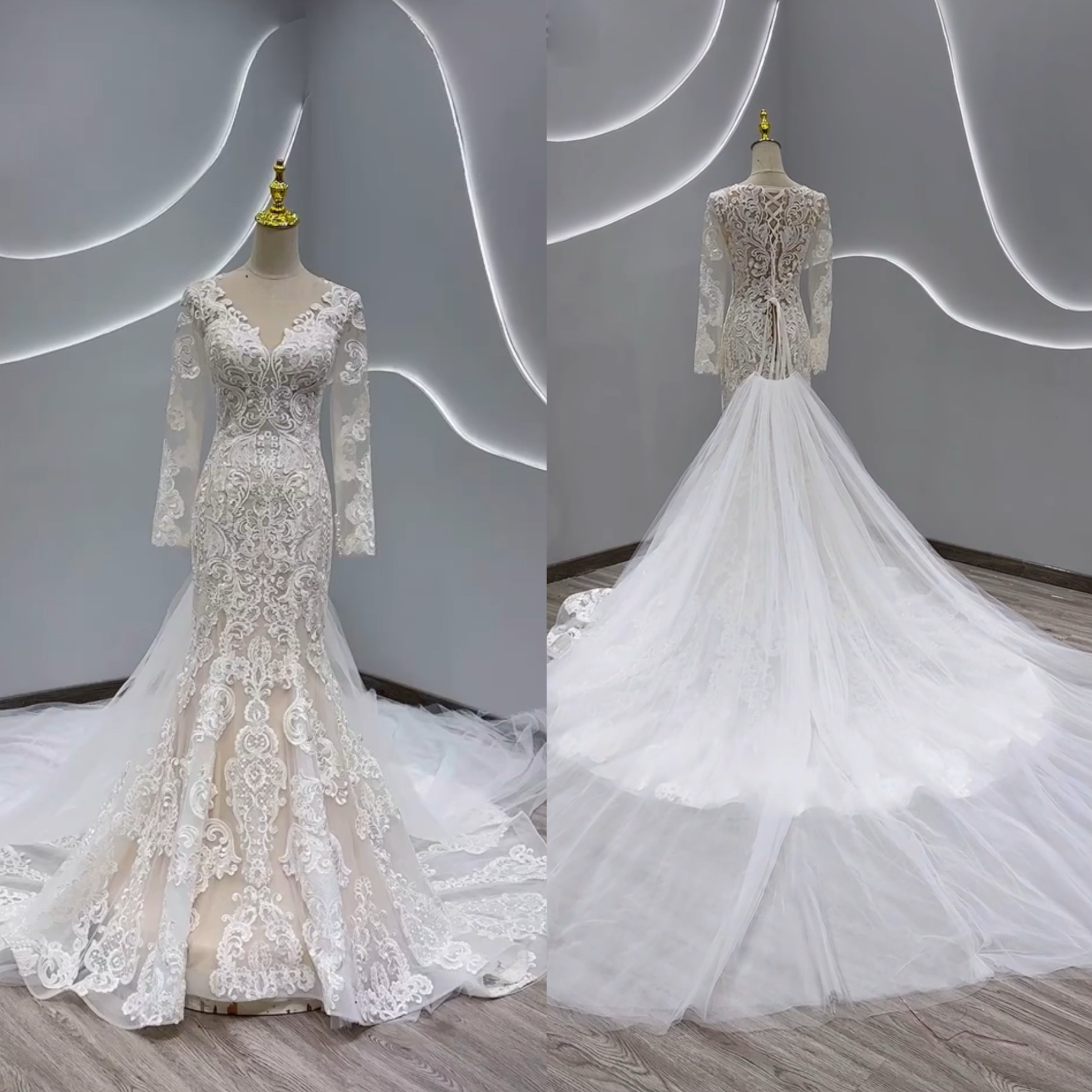 優雅　上品透け袖 オーバースカート　アンティークなマーメイドドレス　フランスレース繊細な小花レース　華やかな引裾vネック