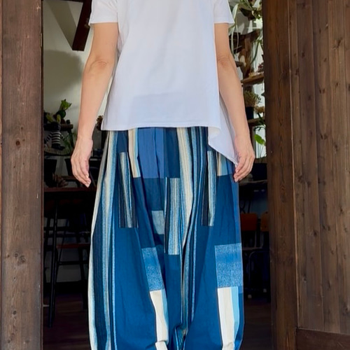 青系幾何学模様 サルエルパンツ スカート風サルエルパンツ✴︎✴︎青幾何学模様✴︎✴︎ キュロット