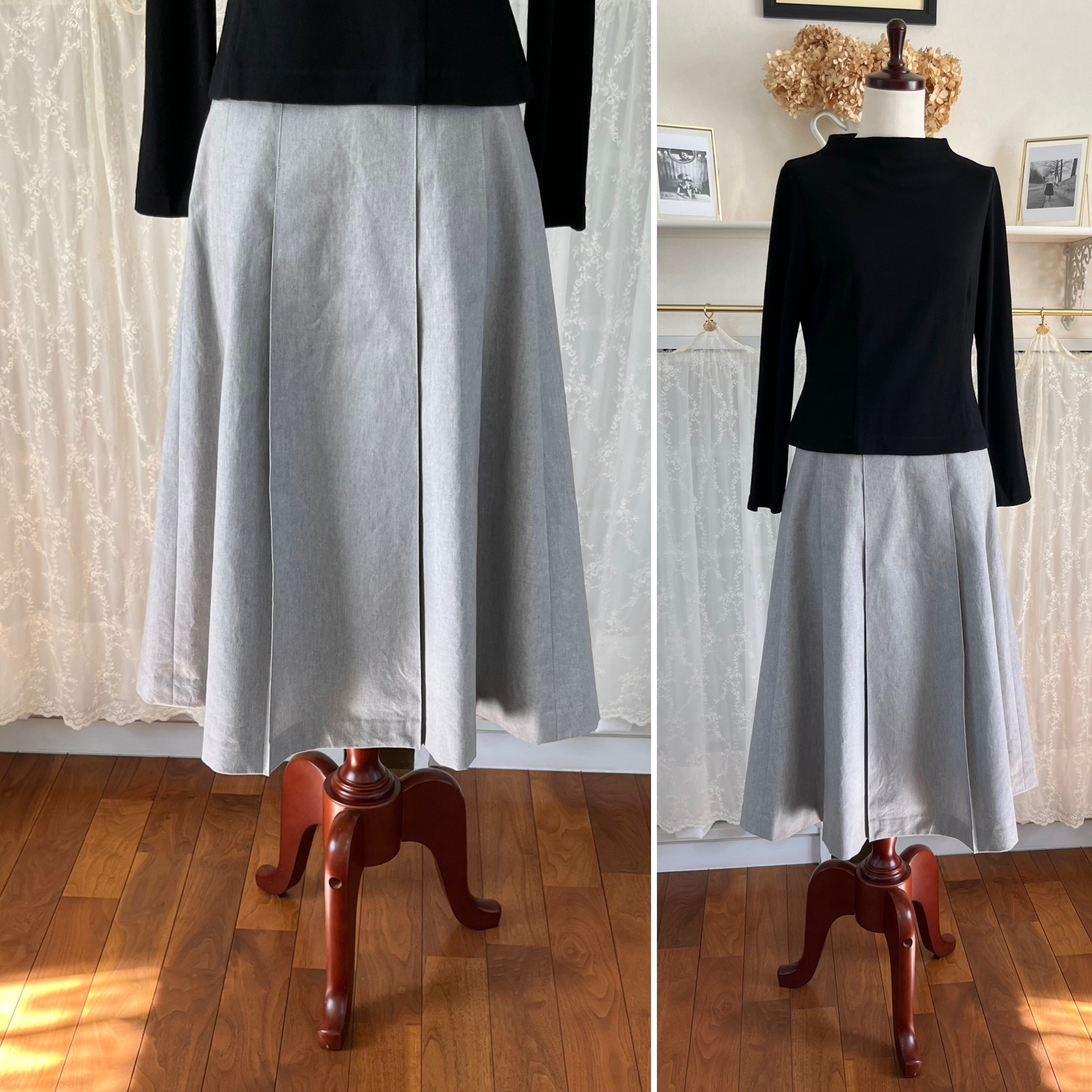 グレー・デニムのタックスカート『Aライン・後ろゴム・ロング』