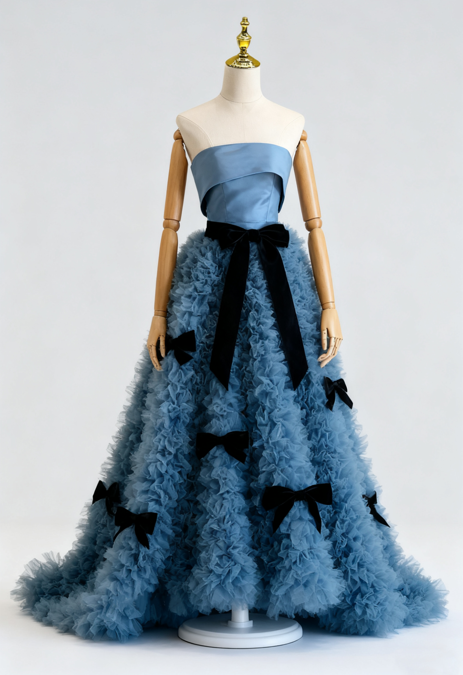 送料無料！カラードレス ベアトップ ブルーグレー リボン サッシュベルト もこもこドレス  プリンセスライン  Aライン