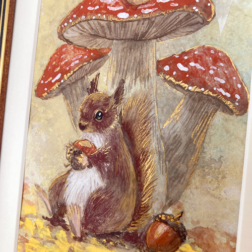 絵画「きのことリスとかたつむり」 /原画 アート 日本画 絵画 紫苑工房