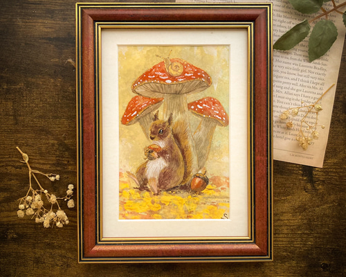 手描き絵画「Ritual」日本画　オリジナル　原画 絵画「きのことリスとかたつむり」 /原画 アート 日本画 絵画 紫苑工房