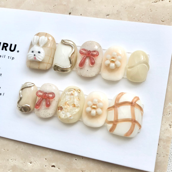 うさパンケーキ【サイズオーダー制】￤ネイルチップ うさぎ 淡色 リボン 落書き 花 チェック柄 うるうる 2枚目の画像
