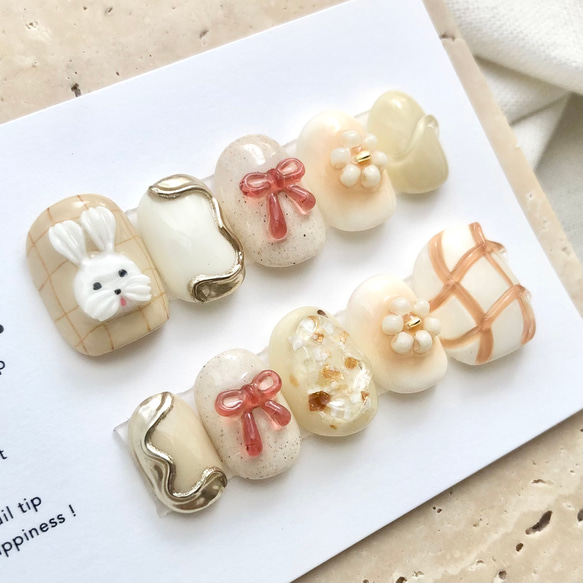 うさパンケーキ【サイズオーダー制】￤ネイルチップ うさぎ 淡色 リボン 落書き 花 チェック柄 うるうる 3枚目の画像