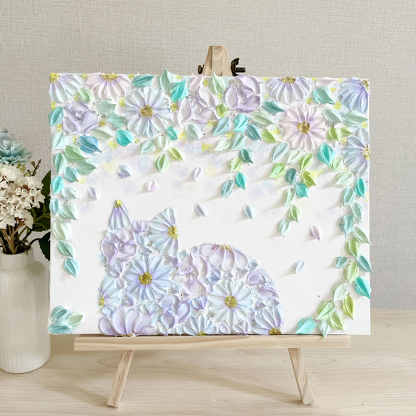 緑庭の猫」 27.3×22㎝ テクスチャーアート 花猫 猫好きギフト 絵画