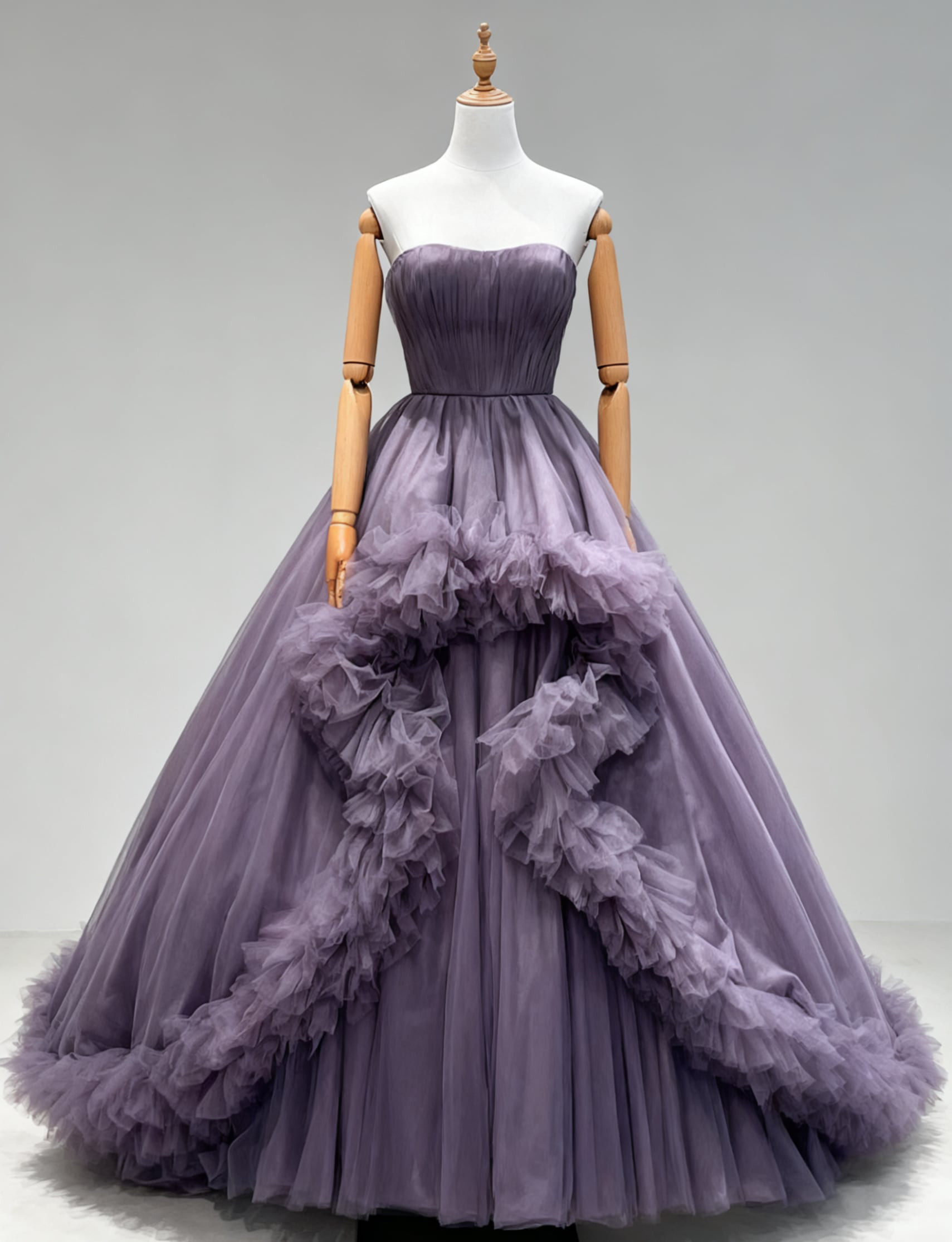 送料無料！カラードレス パープル ベアトップ ラッフルフリル スリット 柔らかく重ねたチュールスカート フレアスカート